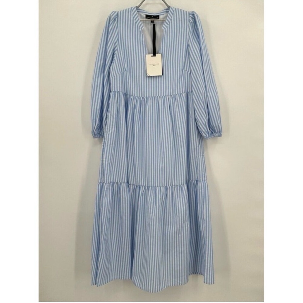 Pomander Place by Tuckernuck Blue Stripe Alora Maxi Dress sz S Tiered Sleeve